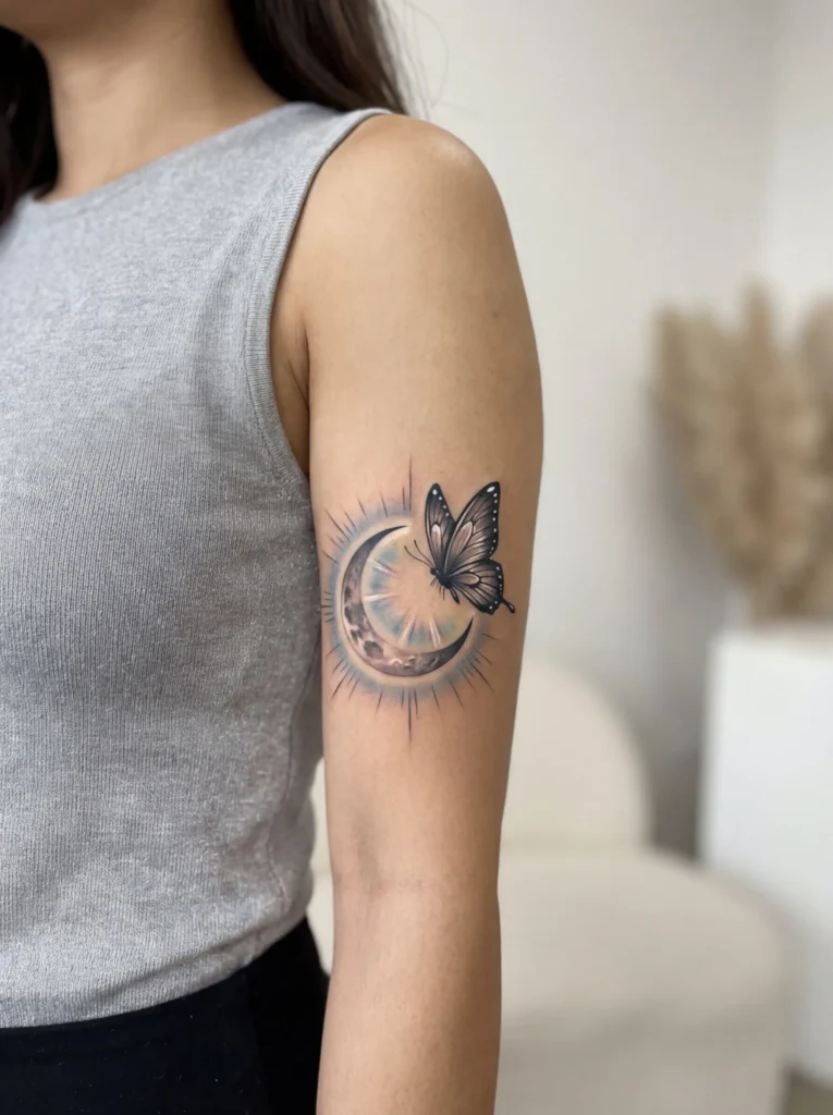 Butterfly and Moon with Light Glow Effect Tattoo