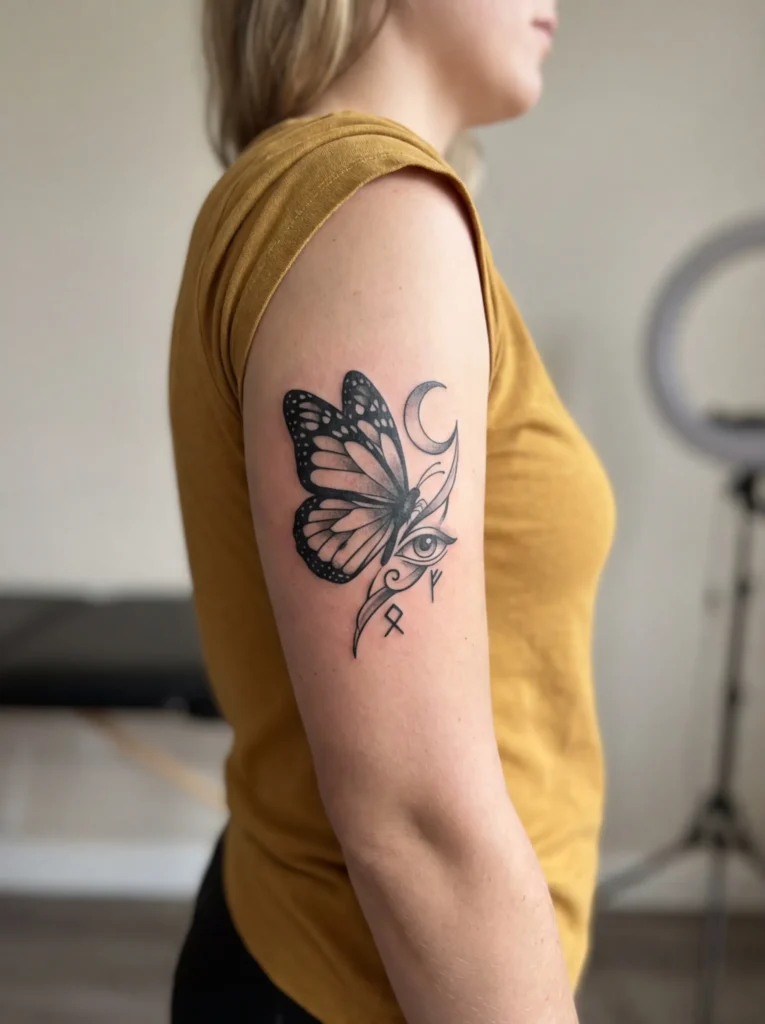 Butterfly and Moon with Mystic Symbols Tattoo