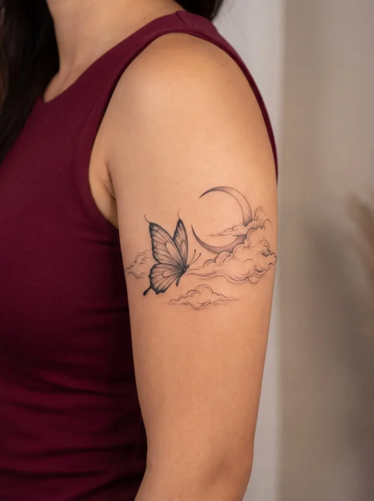 Butterfly and Moon with Soft Clouds Tattoo