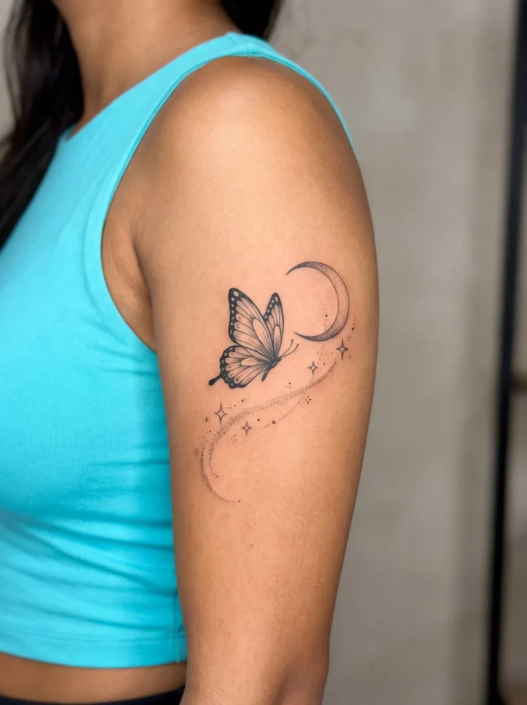 Butterfly and Moon with Sparkle Trail Tattoo