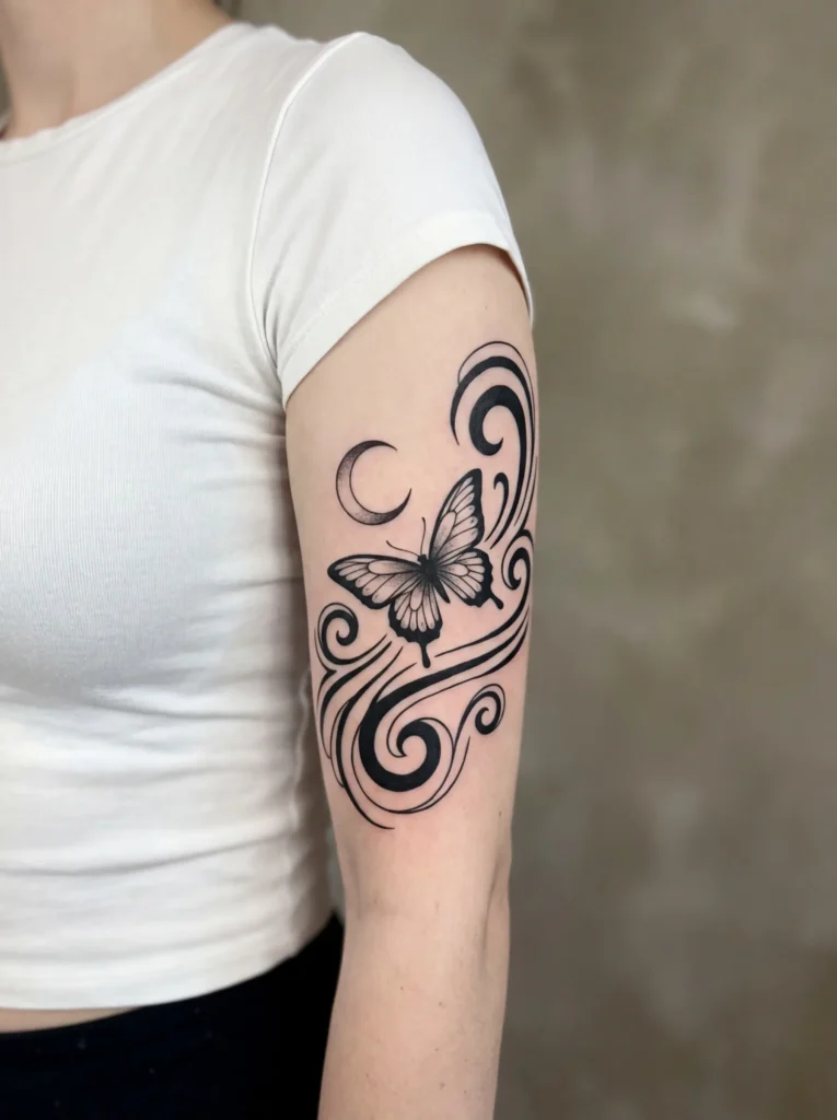 Butterfly and Moon with Swirls Tattoo
