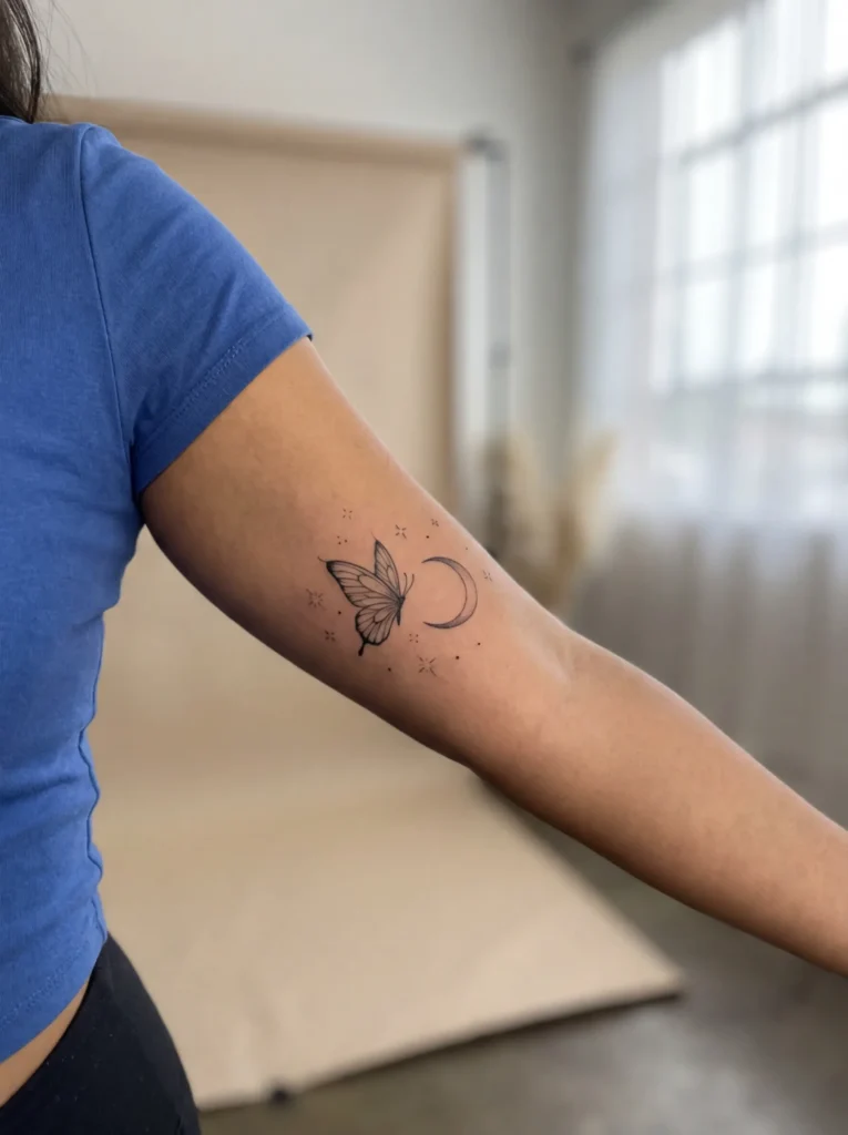 Butterfly and Stars with Moon Tattoo