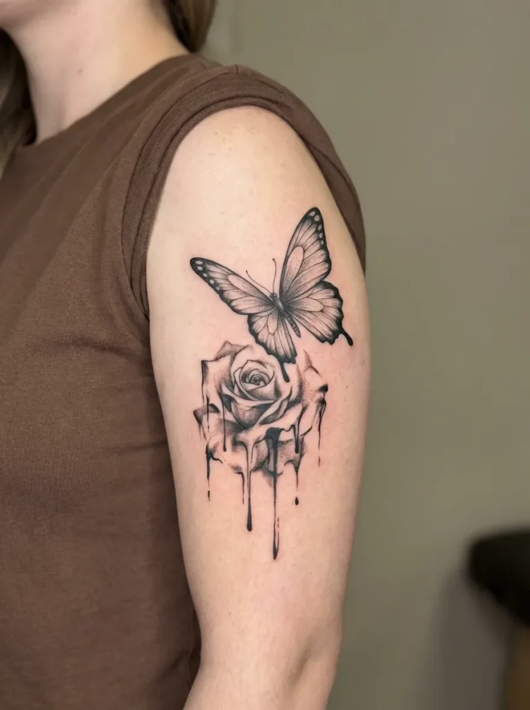 Butterfly with Dripping Ink Rose Style