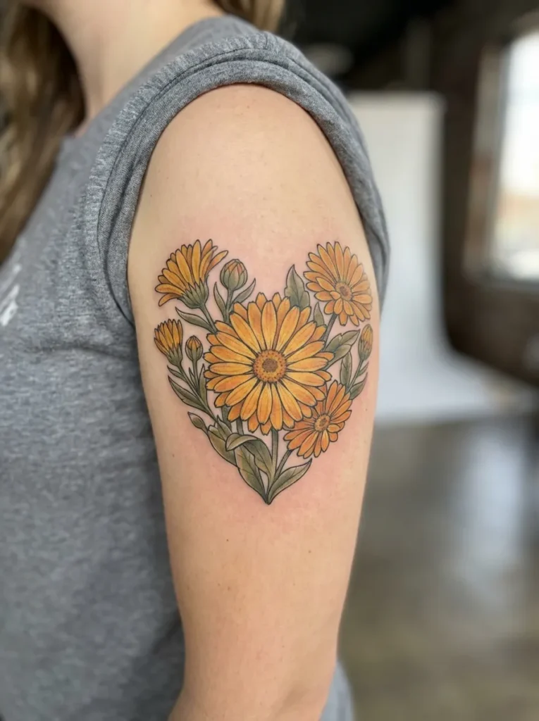 Calendula Heart Flower Tattoo