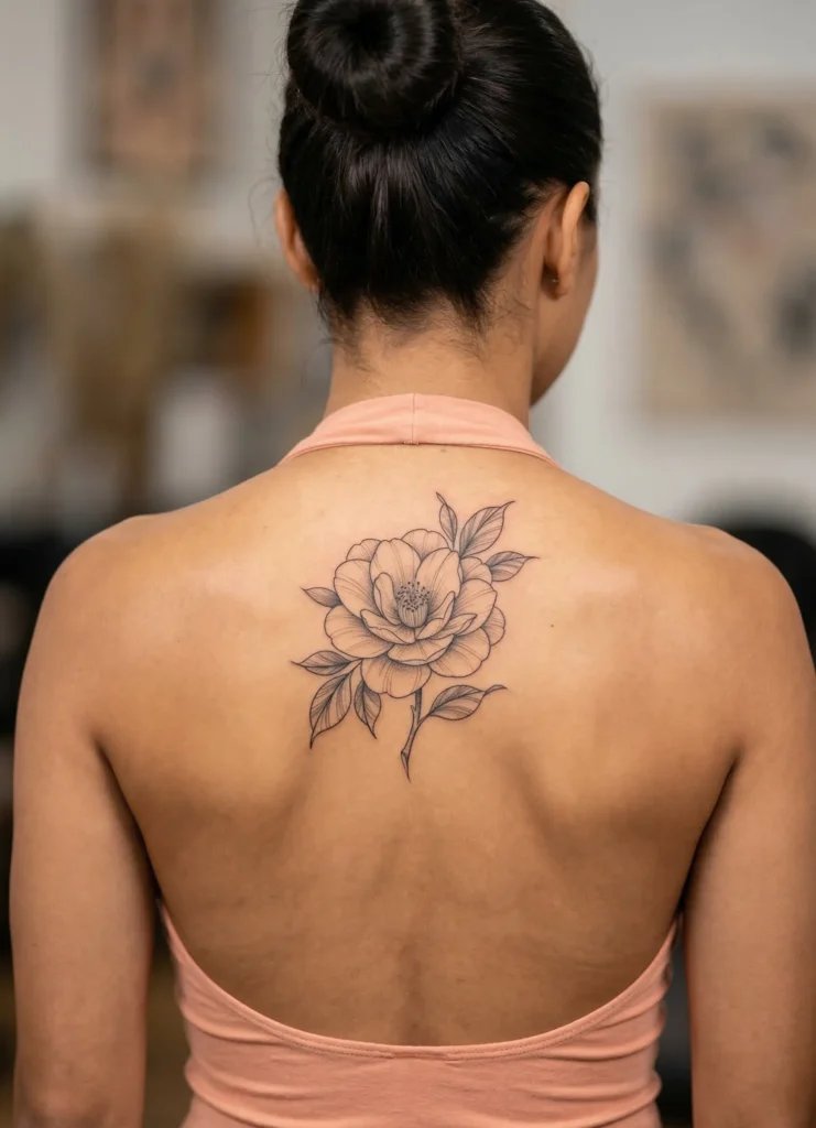 Camellia Flower Back Tattoo