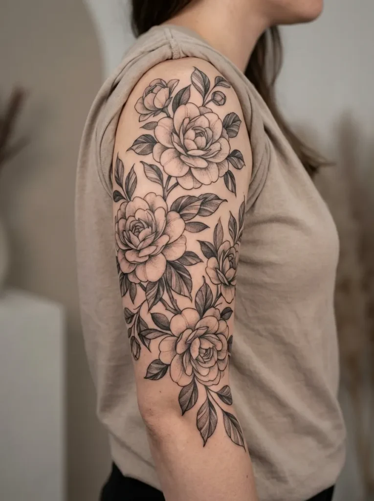Camellia Flower Half Sleeve Tattoo