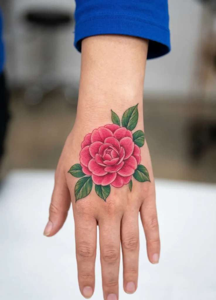 Camellia Flower Hand Tattoo