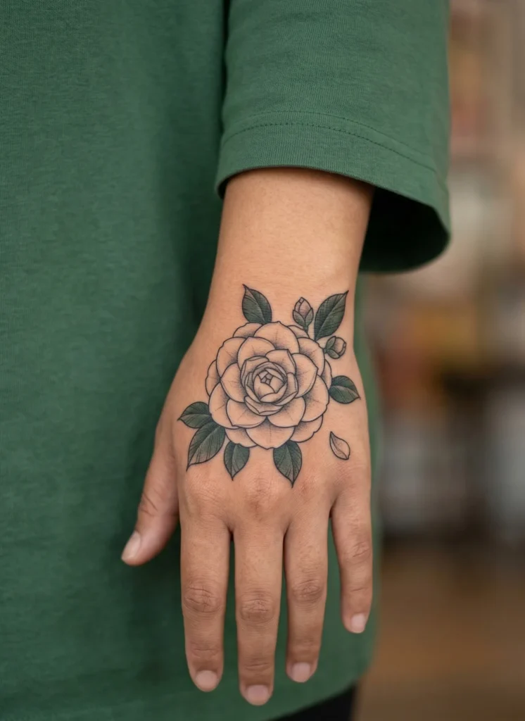 Camellia Flower Hand Tattoo
