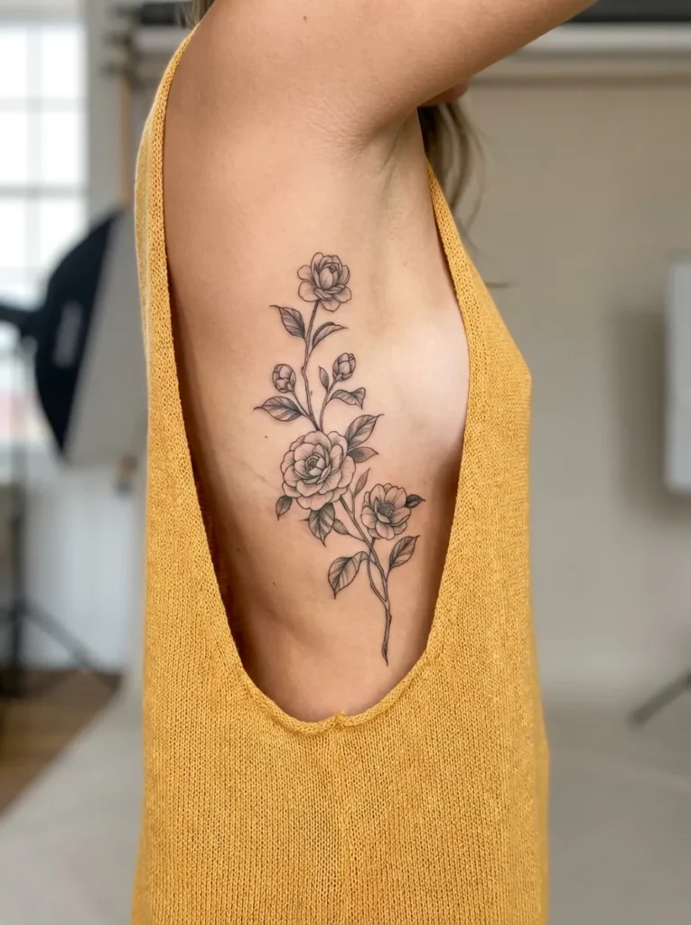 Camellia Flower Rib Tattoo