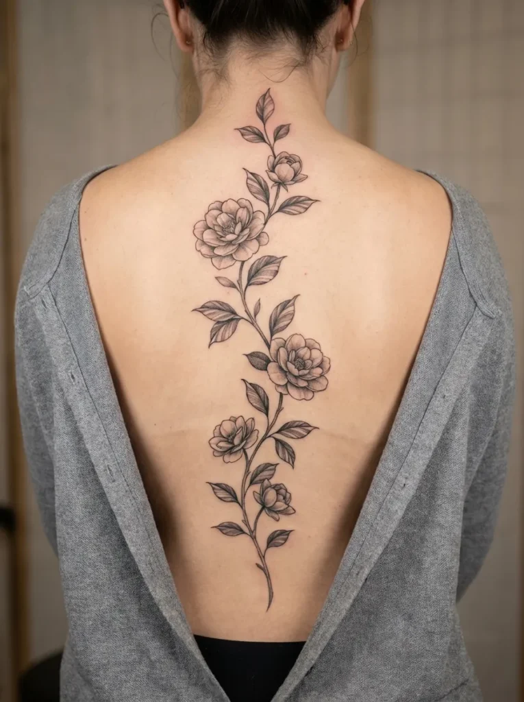 Camellia Flower Spine Tattoo