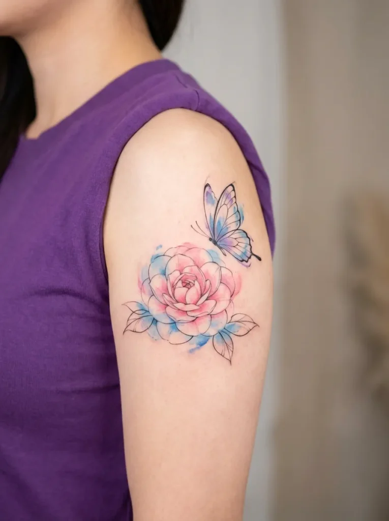 Camellia Flower and Butterfly Tattoo