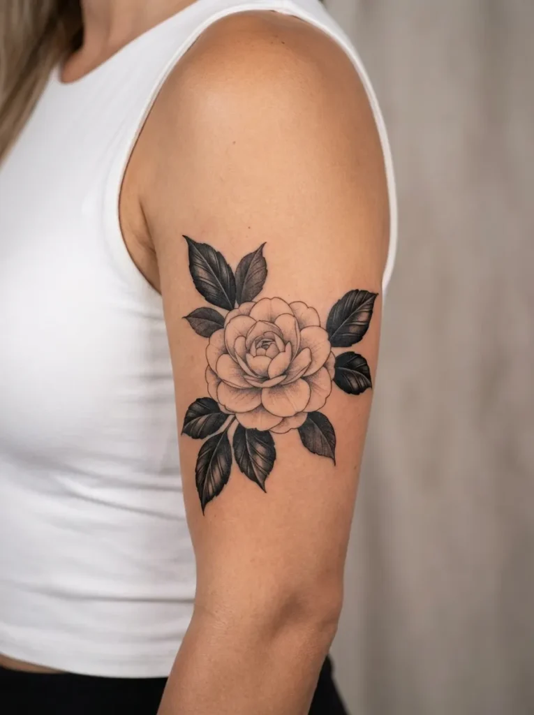 Camellia Flower with Leaves Tattoo