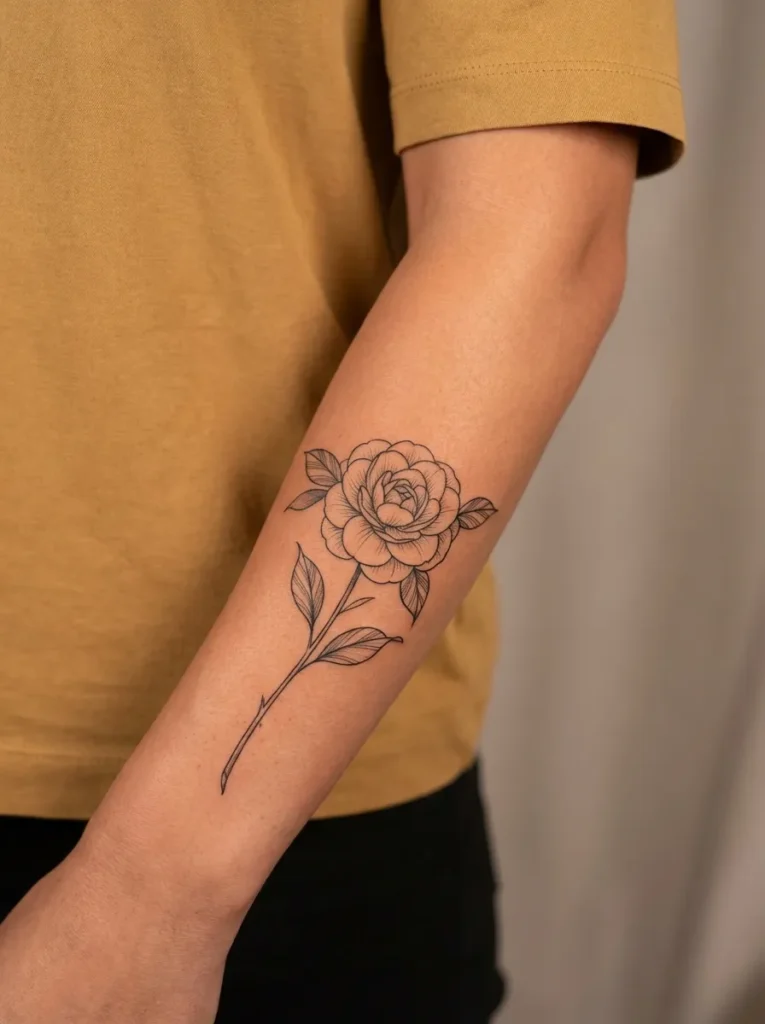 Camellia Flower with Stem Tattoo