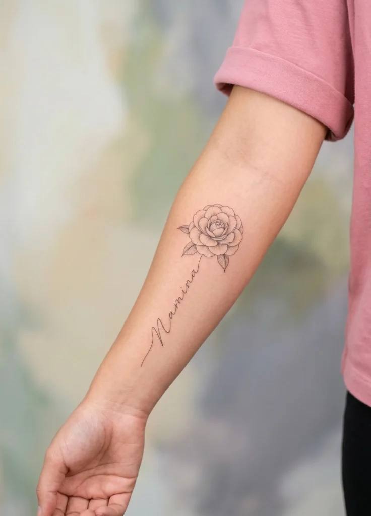 Camellia Name Tattoo with Fine Line Style