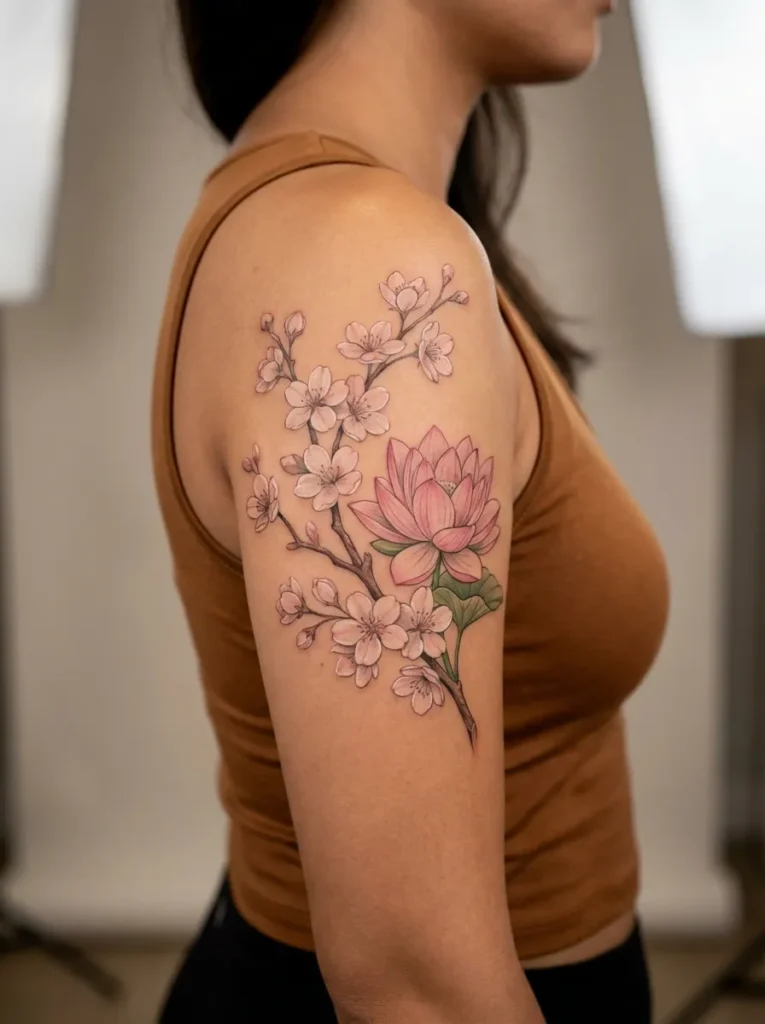 Cherry Blossom Flower and Lotus Bloom