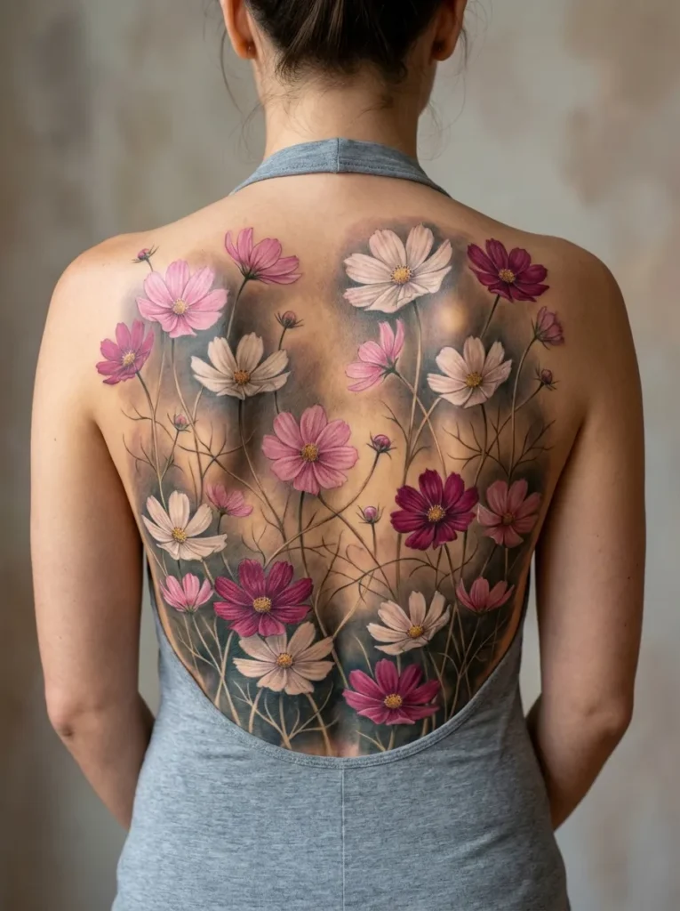 Cosmos Back Flower Tattoo