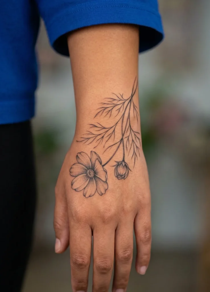 Cosmos Flower Hand Tattoo