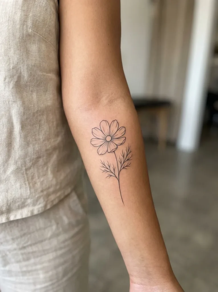 Cosmos Flower Minimal Line Tattoo