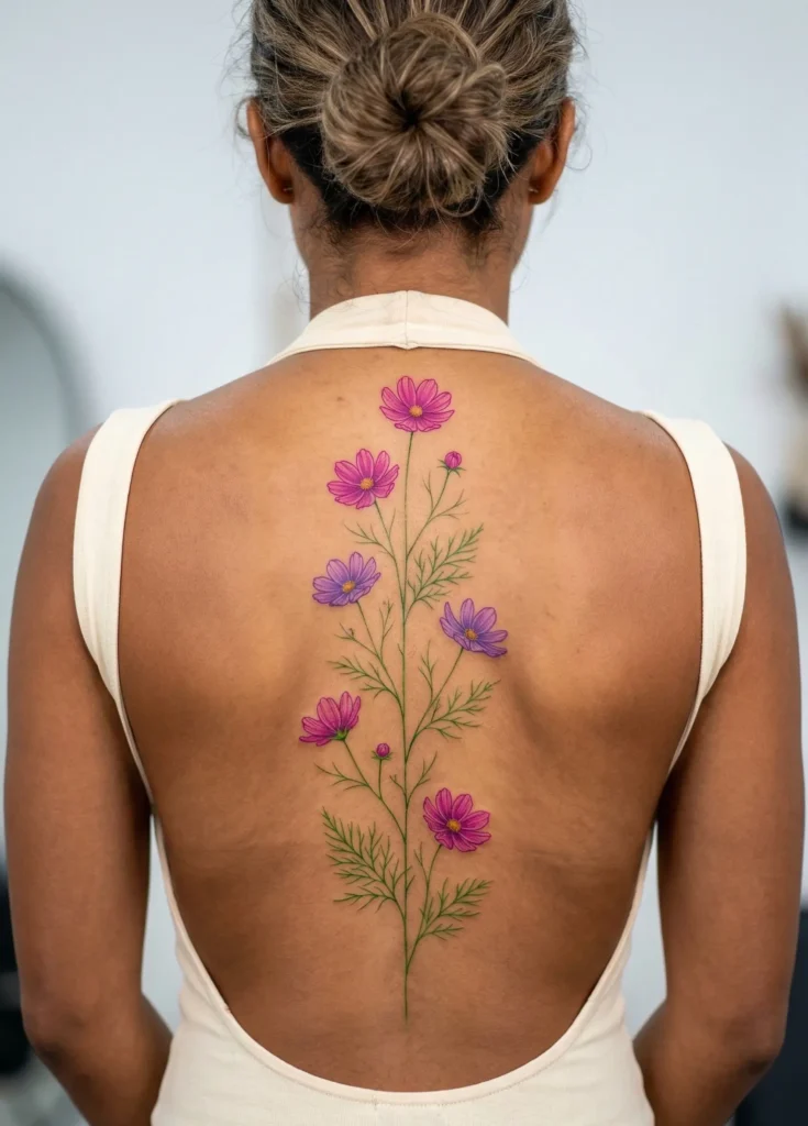 Cosmos Flower Spine Tattoo