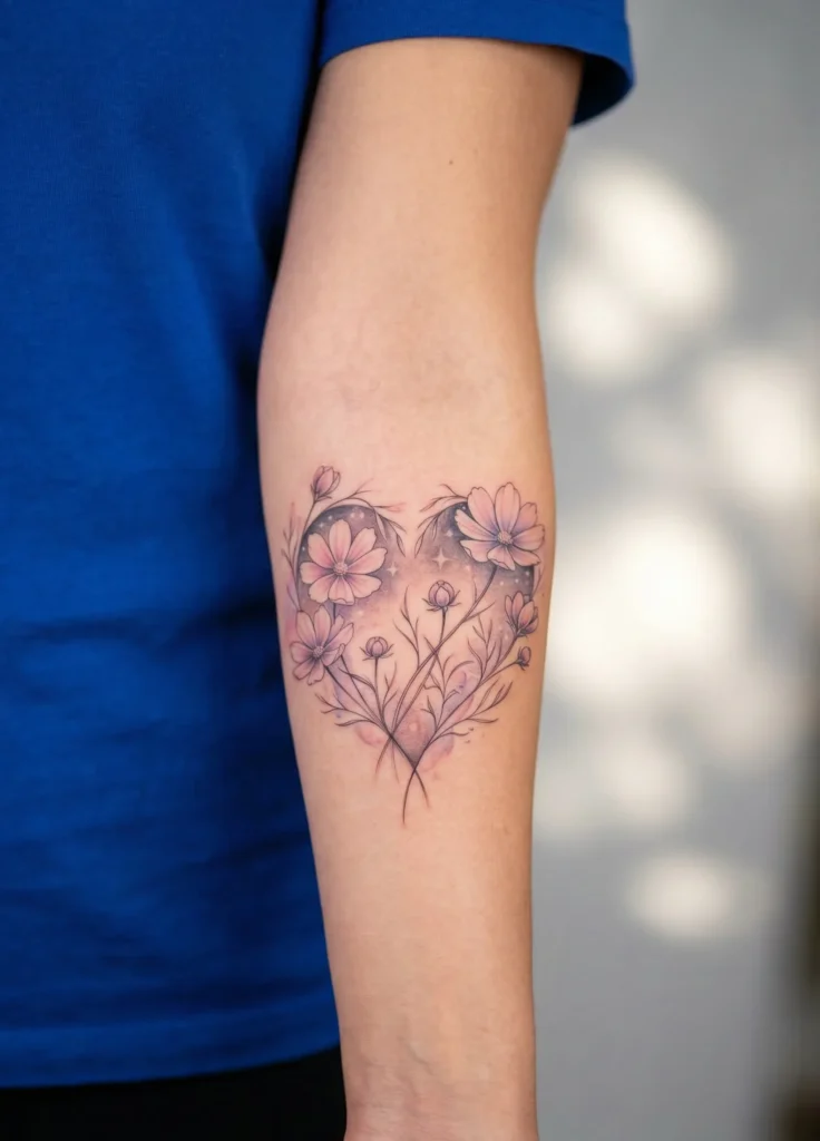Cosmos Heart Flower Tattoo