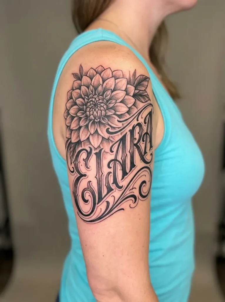 Dahlia Name Tattoo with Decorative Letters