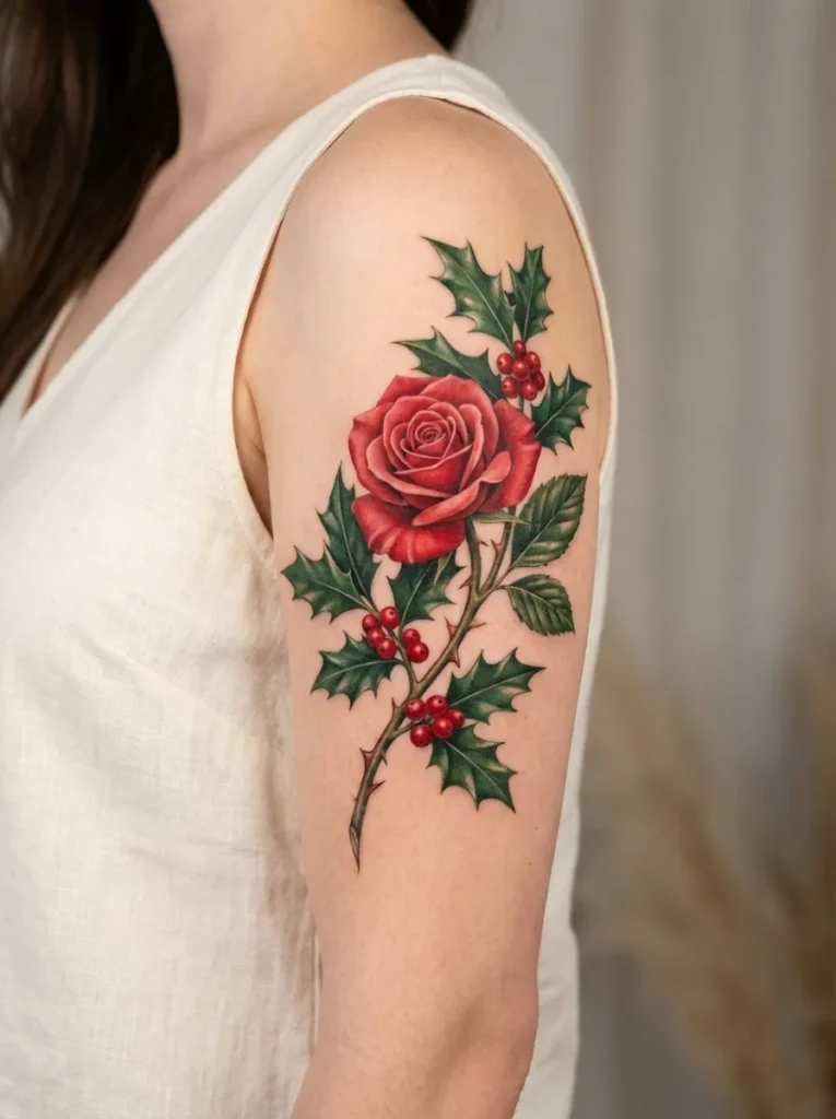 Evergreen Holly and Rose Tattoo
