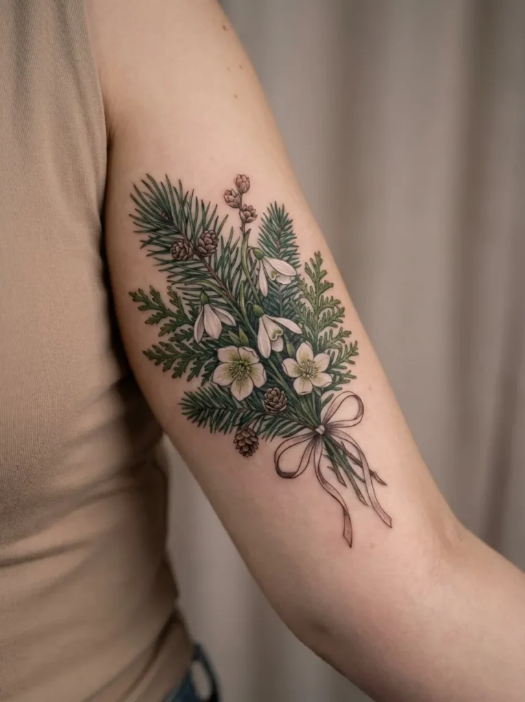 Evergreen Sprig with Flowers Tattoo