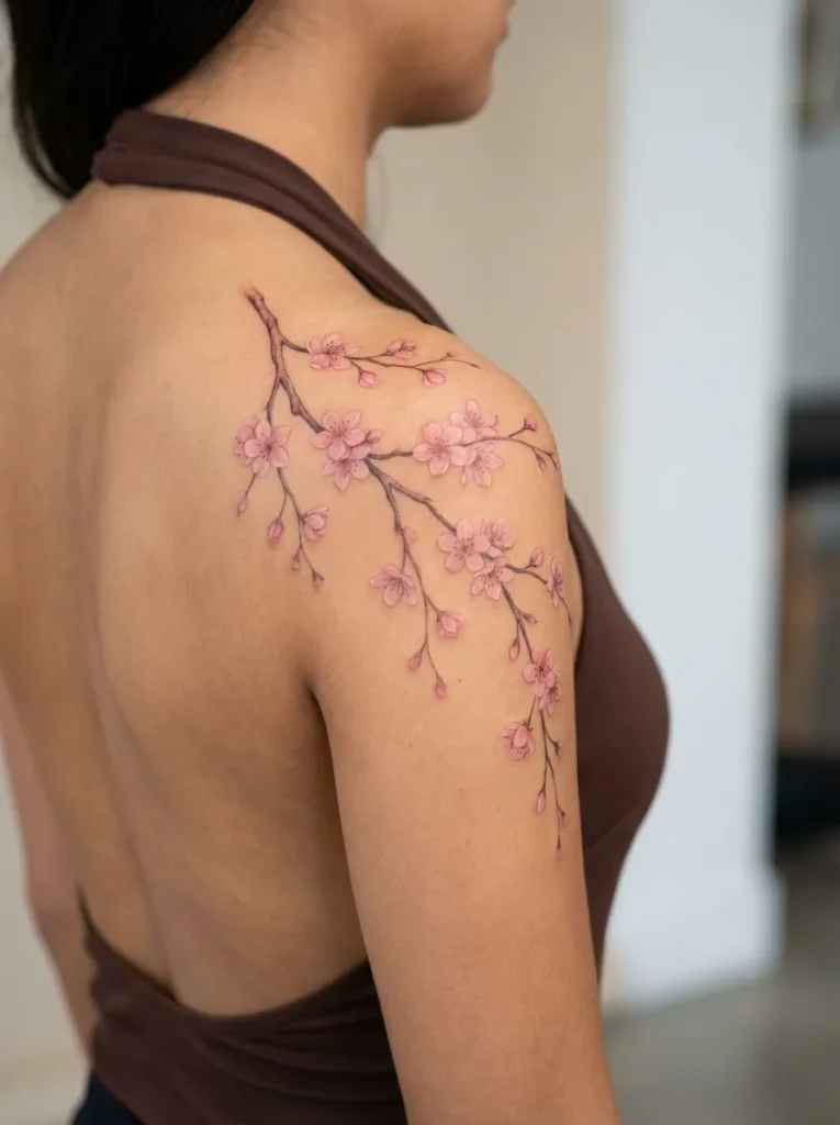 Feminine Cherry Blossom Shoulder Tattoo