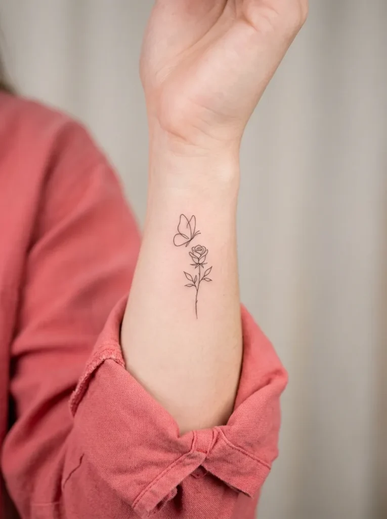 Fine Line Butterfly Above Rose Stem