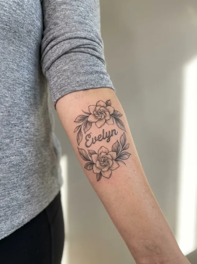 Gardenia Name Tattoo with Soft Floral Frame