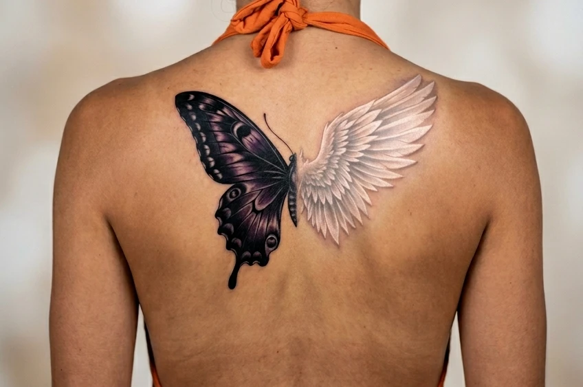 Half Butterfly Half Angel Wing Tattoo