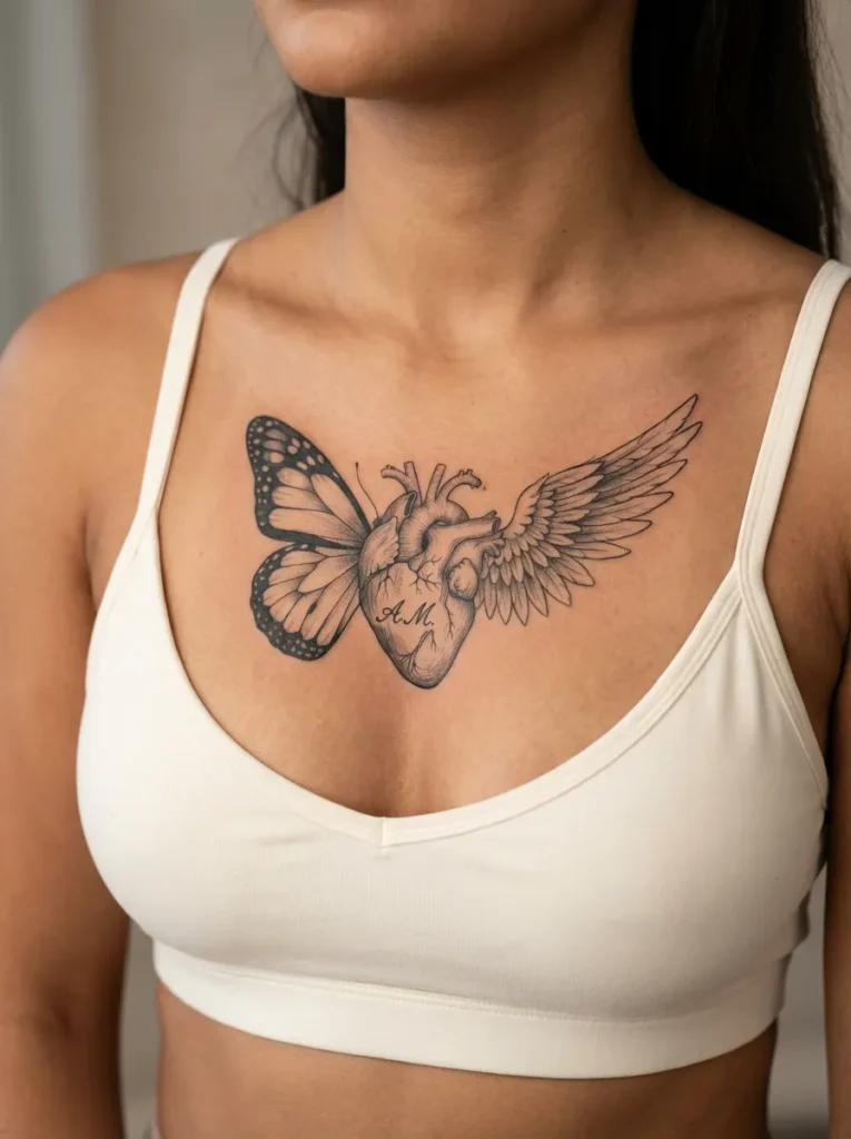 Half Butterfly Half Angel Wing with Heart at Center