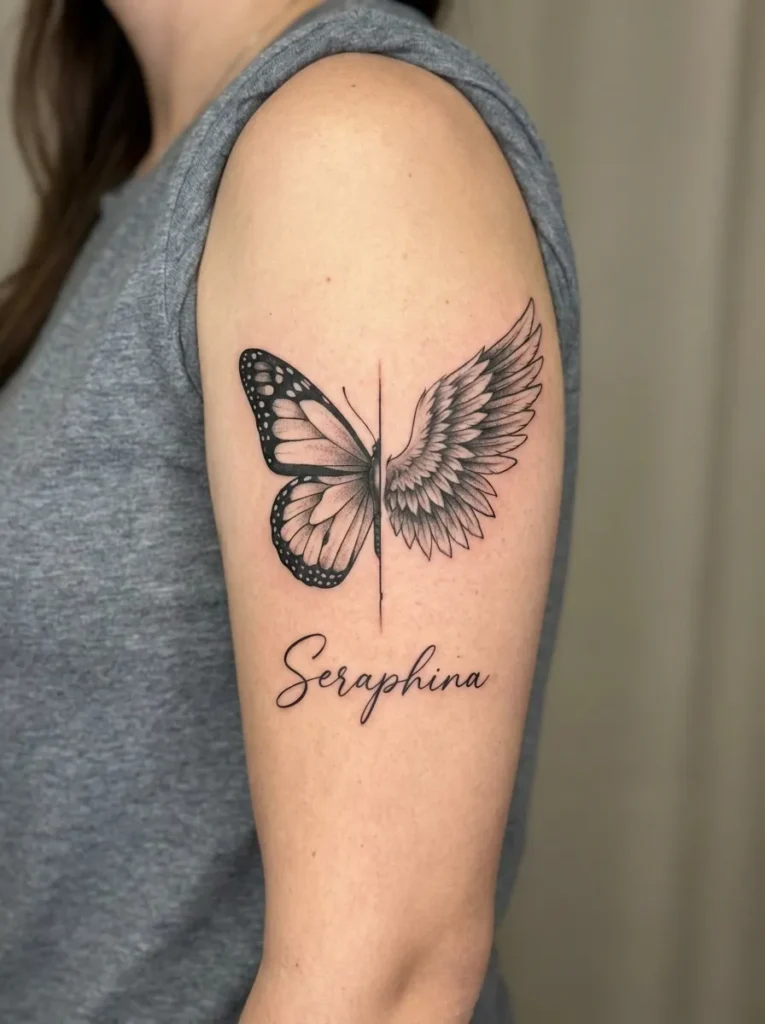 Half Butterfly Half Angel Wing with Name or Date Script