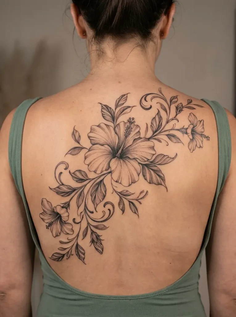 Hibiscus Flower Back Tattoo