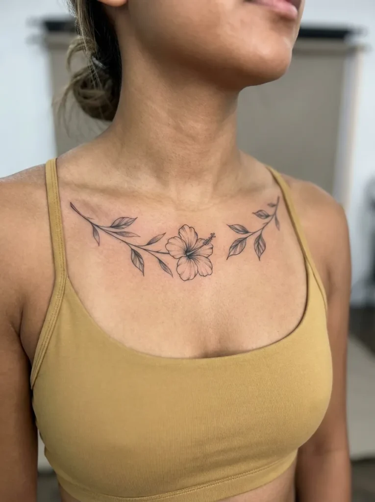 Hibiscus Flower Collarbone Tattoo