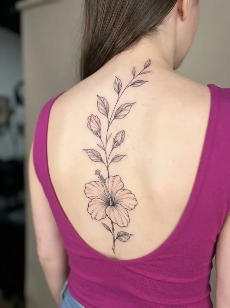 Hibiscus Flower Spine Tattoo