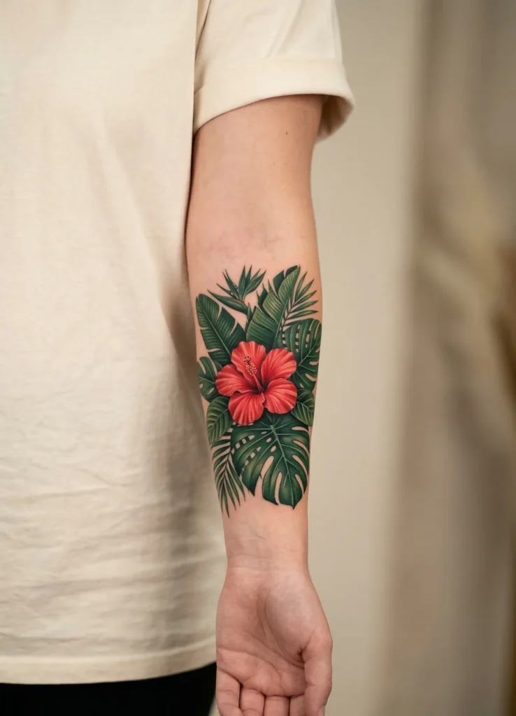 Hibiscus Flower with Tropical Leaves Tattoo