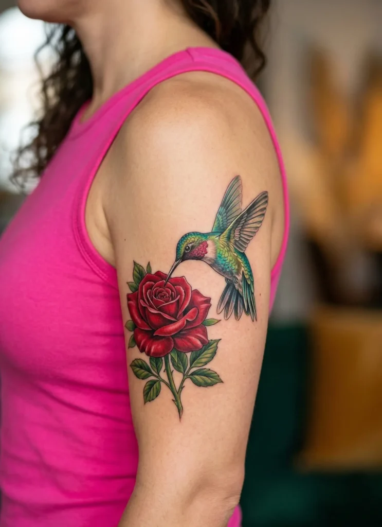 Hummingbird with Rose Flower Tattoo