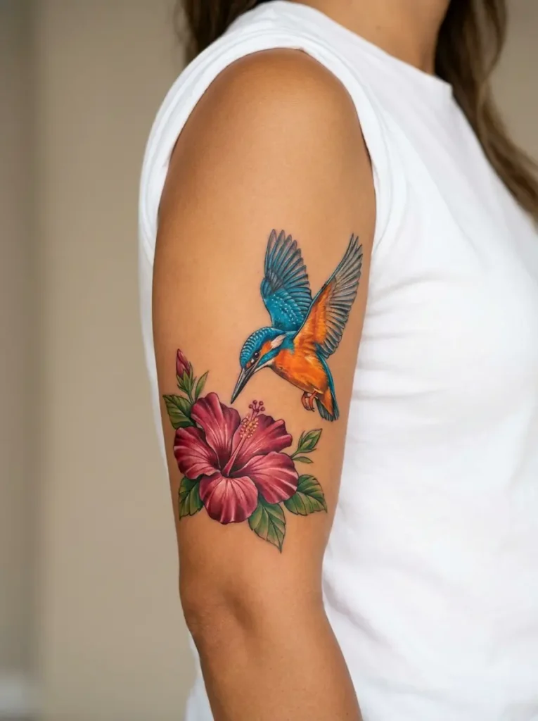 Kingfisher with Hibiscus Tattoo