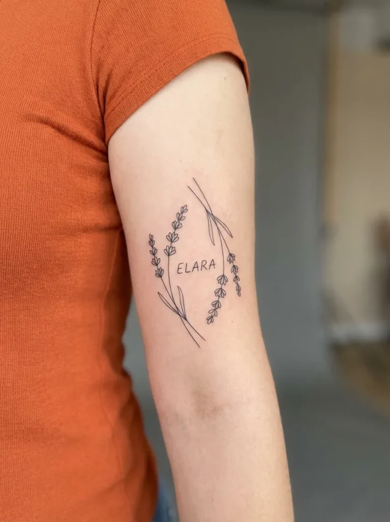 Lavender Name Tattoo with Minimal Stems