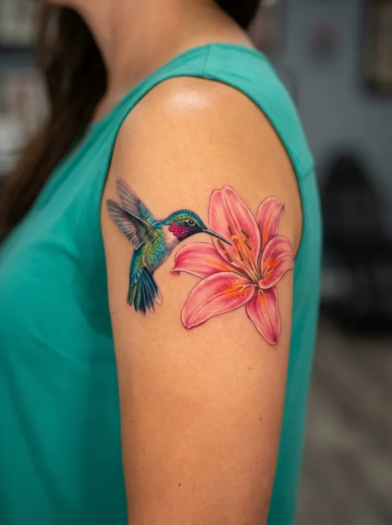 Lily Flower and Hummingbird