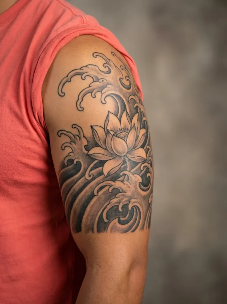 Lotus Flower and Wave Pattern