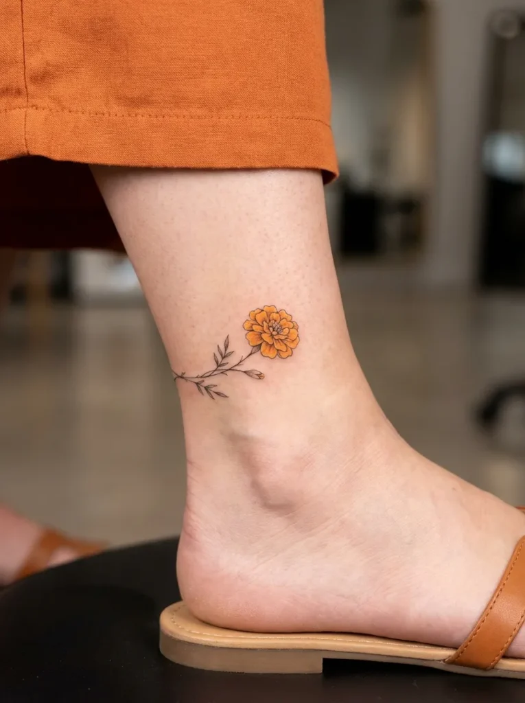 Marigold Flower Ankle Tattoo