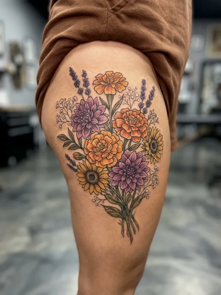  Marigold Flower Bouquet Tattoo