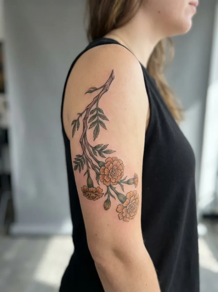 Marigold Flower Branch Tattoo