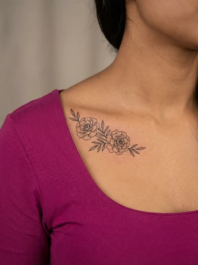 Marigold Flower Collarbone Tattoo