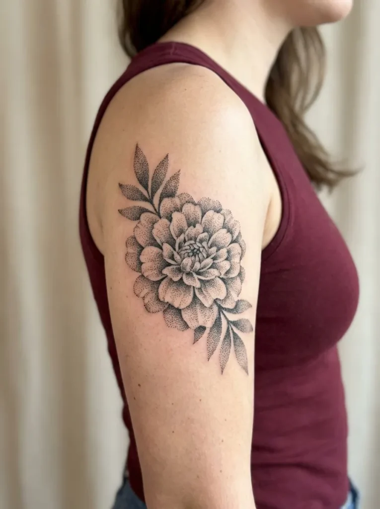 Marigold Flower Dotwork Tattoo