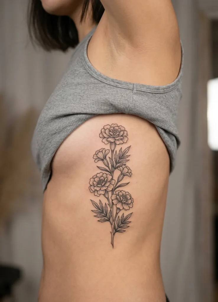 Marigold Flower Rib Tattoo