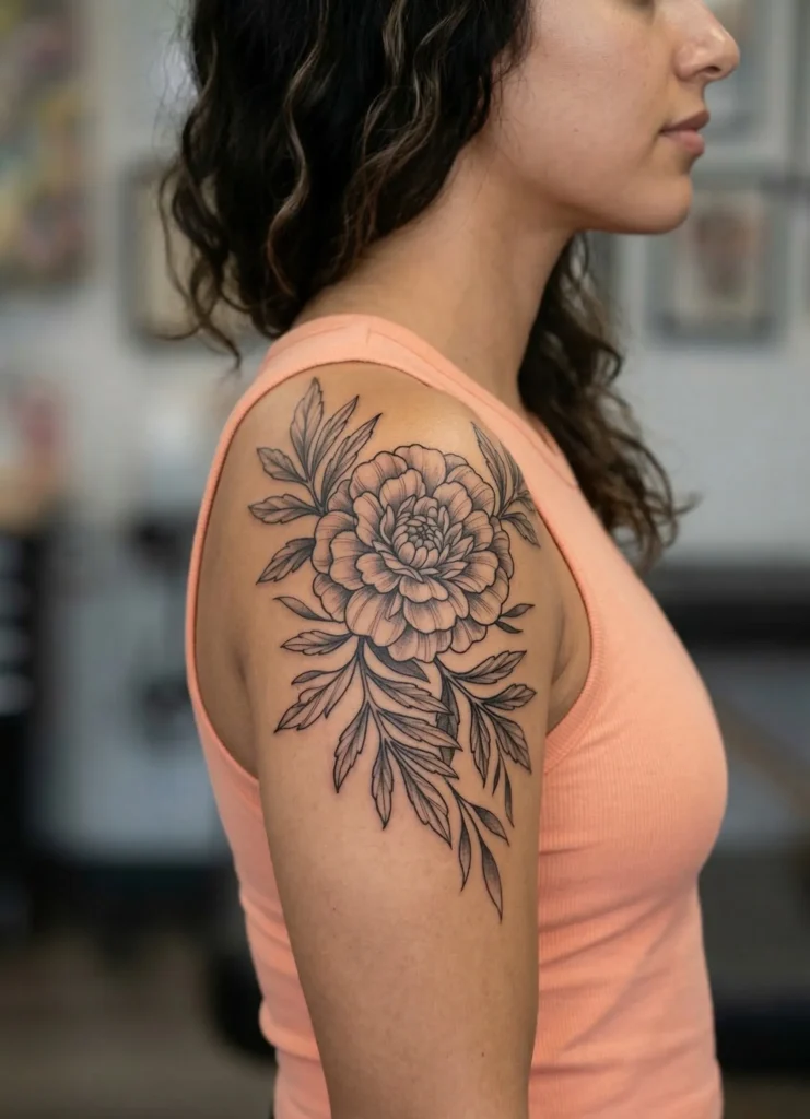Marigold Flower Shoulder Tattoo