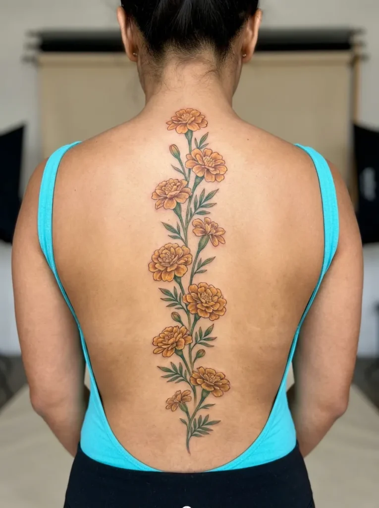Marigold Flower Spine Tattoo